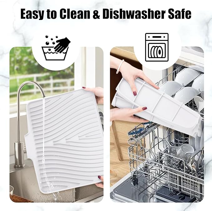 TIKNIK Silicone Dish Drying Mat, Stone Drying Mat for Kitchen Counter with Built-In Drain, Non-Slip Drain Pad with Built-in Drain, Heat Resistant Stone Drying Mat, Hangable, White-2pcs, 16" x 12"