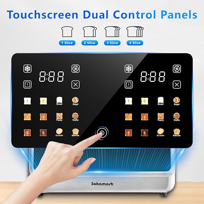 SAKAMOSH 4 Slice Touch Screen Toaster with Dual Control Panel, Wide Slots Smart Digital Toaster with 6 Browning Levels & Bread Type, Single Slice Toasting/Reheat/Defrost/Cancel, 1800W, Stainless Steel