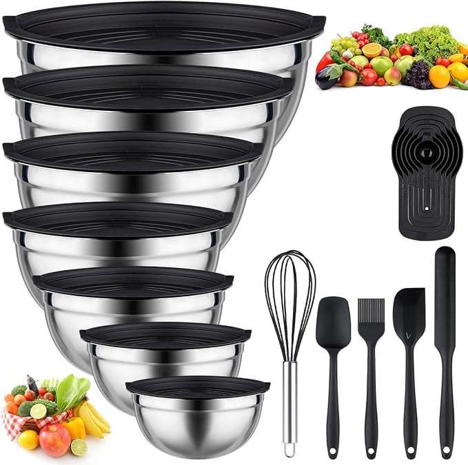 Leidawn Mixing Bowls with Lids set - 25 PCS Stainless Steel Nesting Black Mixing Bowls Set for Baking, Mixing, Serving & Prepping, Size 5, 3.7, 2.8, 2.3, 1.7, 1.1, 0.7QT, 11 Cooking