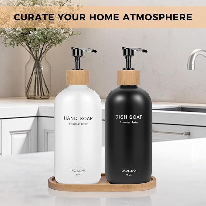 Dish and Hand Soap Dispenser Set with Tray, 16OZ Refillable Glass Bottles and Wood Pump, Double Bottle Countertop Organizer for Kitchen and Bathroom (White/Black)
