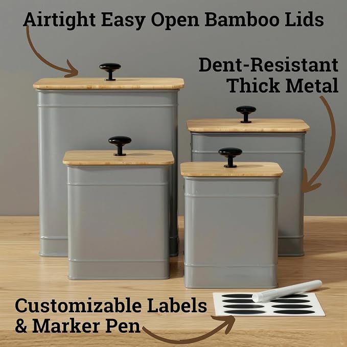 Kitchen Canisters for Countertop Set of 4 w/ Chalkboard Labels & Marker Pen | Airtight Easy Open Bamboo Lids, Dent-Resistant Thick Metal, Customizable Chalkboard Labels, Marker Pen Included, Set of 4