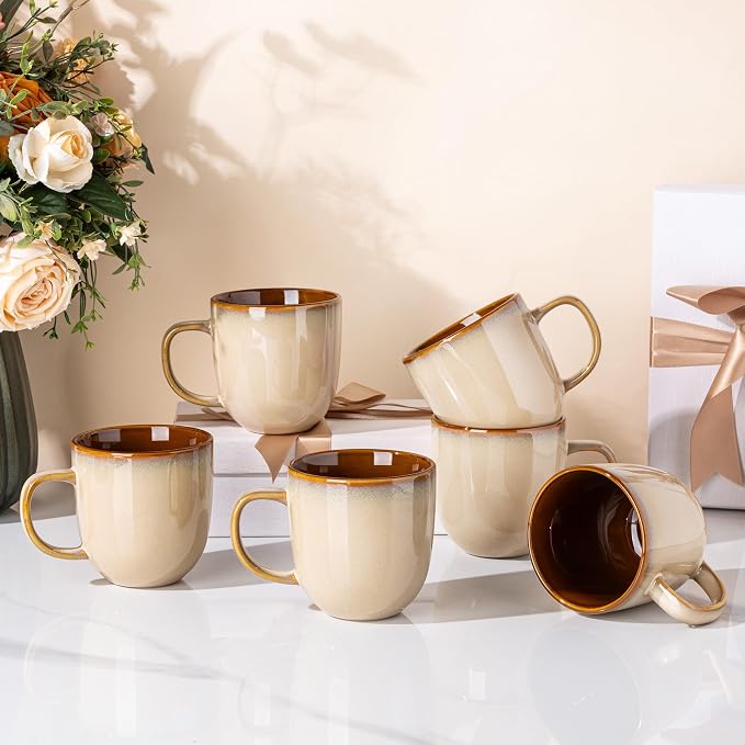 LERATIO Ceramic Coffee Mugs Set of 6,12oz Handmade Coffee Mugs Set with Large Handle for Cappuccino/Latte/Tea/Hot Cocoa, Dishwasher & Microwave Safe-Pale Kahki