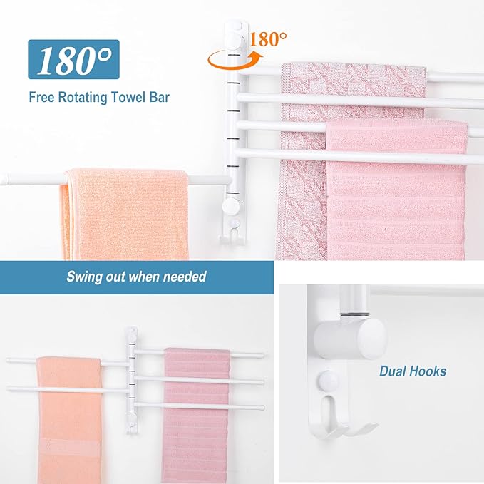 5-Arm Swivel Towel Rack - 180° Rotating Wall Mounted, 304 Stainless Steel Rustproof, Heavy Duty Bathroom Accessories, Space Saving Towel Organizer for Bathroom Kitchen Laundry - Pearl White