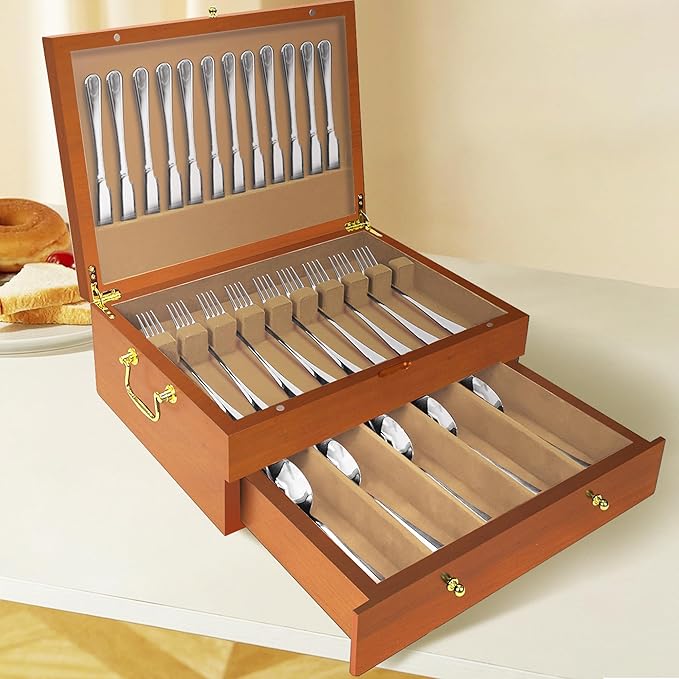 Silverware Storage Box Solid Wood with Lid, Silverware Organizer with Handle and Felt Lined, Silverware Storage Chest for Flatware and Utensils Home Decor Gift, Chest for Flatware (Oak, 2 Layer)