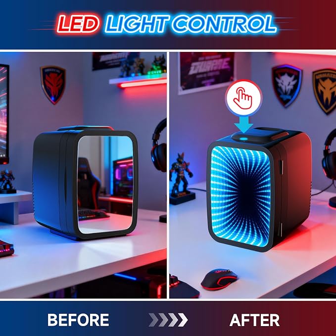 BEICHEN Mini Fridge, 4L/6 Can Small fridge with Dimmable Gaming Light for Bedroom,Office,Gaming room and Car,AC/DC Portable Thermoelectric Cooler & Warmer for Food, Drinks, Skincare,Black