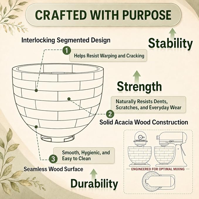 Premium Wood Mixing Bowl, Compatible with 4.5 & 5 QT KitchenAid Tilt-Head Stand Mixer. Natural Wooden Bowls, Kitchenaid Mixer Bowl with Stainless Steel Locking Base.4.5-5 Qt,Kitchen Gift Idea