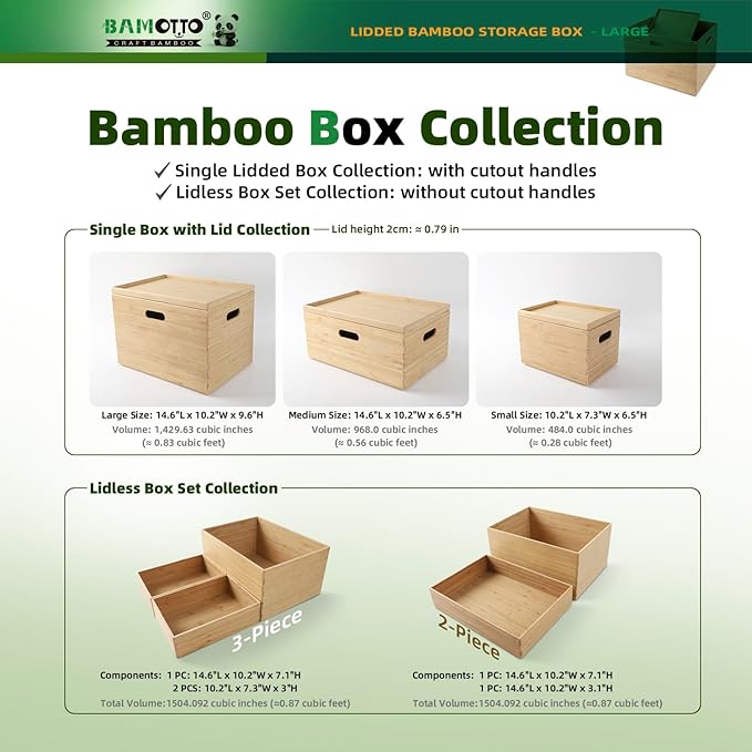 BAMOTTO CRAFTBAMBOO Large 14.6”x10.2”x9.6” Lidded Bamboo Storage Bins - Stackable with Handles, Box/Cube/Basket for Home Kitchen Office, Organize Tableware Toys Crafts Books