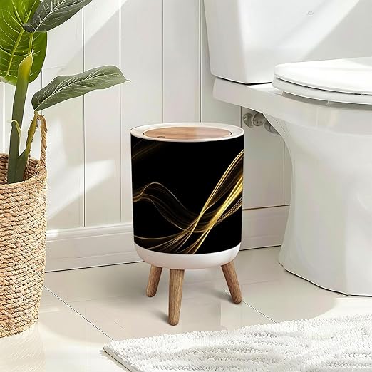 Trash Can with Lid Marble texture wall surface black gold ink graphic granite abstract Press Top Round Small Garbage Bin with Wooden Legs Waste Basket for Kitchen Bedroom Nursery 7L/1.8 Gallon