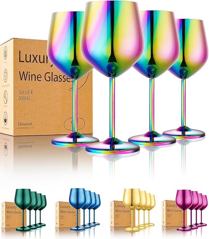 UNISWEET Stainless Steel Wine Glasses Set of 4 Unbreakable Wine Glass 18 oz Unique Metal Wine Goblets for Outdoor, Travel, Camping, Pool, Ideal Gift for Wine Lovers (Colorful)