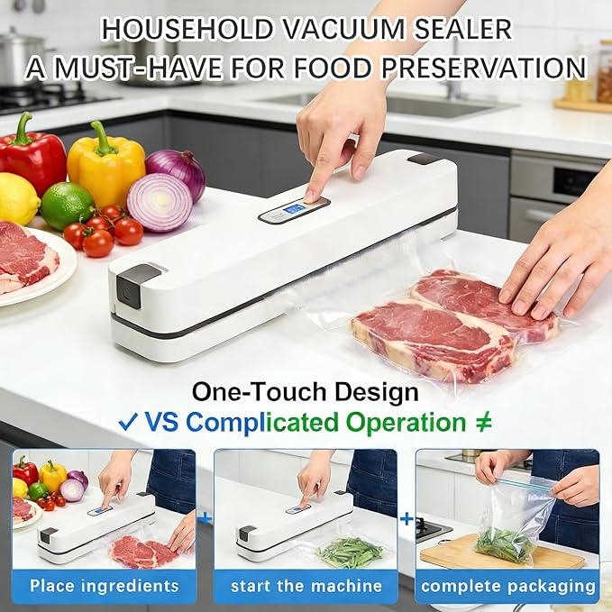 ROOM127 Vacuum Sealer Machine, Easy to Use Compact Food Sealer for Home Kitchen Storage & Meal Prep, 60kPa Automatic Dry & Wet Modes for Meat & Fresh Food, 20 Starter Bags Included White