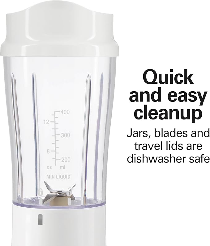 Hamilton Beach Portable Blender for Shakes and Smoothies, 14 Oz BPA Free Travel Cup & Lid, Durable Stainless Steel Blades, Personal Smoothie Blender, 2 Jars - White (51102V)