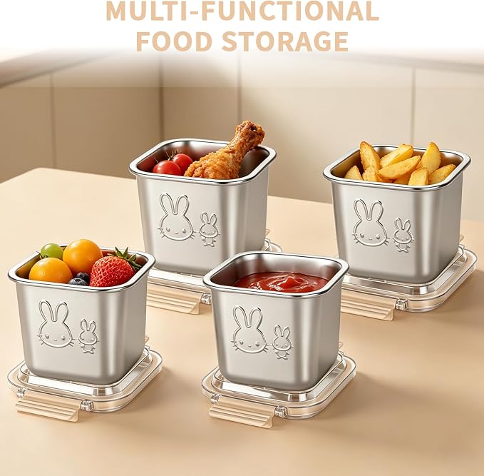 4 Pack Stainless Steel Food Containers with Handle Lids, 850ml 29oz 100% Leakproof Stackable Lunch Box Set, Reusable Metal Snack Containers with Rabbit Print, Food-grade, Dishwasher Safe