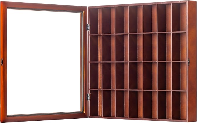 Gallery Solutions - 18x16 Shot Glass Collection - Walnut Collectable Display Case - Hinged Front - 28 Display Slots for Shot Glasses - Bar, Home, Office Accessories