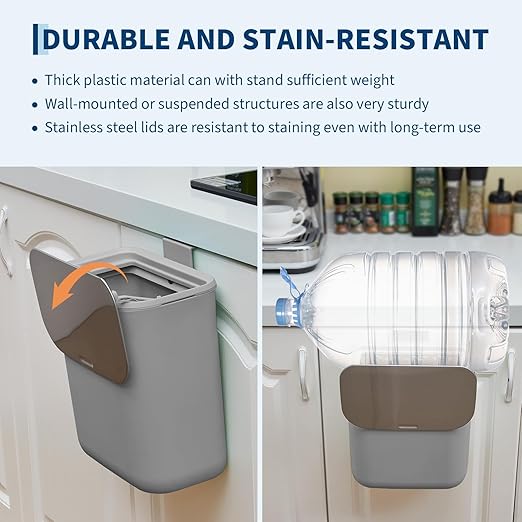Hanging Kitchen Trash Can with Lid - 2.4 Gallon Small Compost Bin for Cabinet Door, Under Sink - Odor-Sealing Stainless Steel Top Food Waste Bin for RV, Bathroom, Office - Indoor Recycling Bin