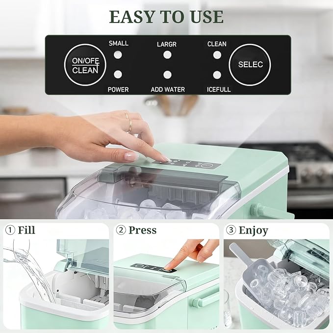 Ice Maker, Portable Ice Makers Countertop with Handle, Basket & Scoop, 26Lbs/24Hrs, 9 Bullet Ice Cubes in 6 Mins, 2 Ice Sizes, Self-Cleaning, Quiet Compact Ice Machine for Home Kitchen Party, Green