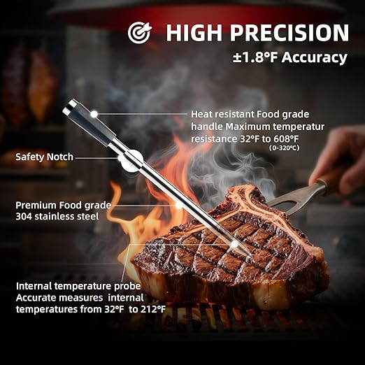Smart Bluetooth Meat Thermometer with Magnetic Mount, Wireless Digital Food Thermometer, App Controlled, IP68 Waterproof, Long Range for BBQ Grill Oven Smoker, Compatible with iOS & Android