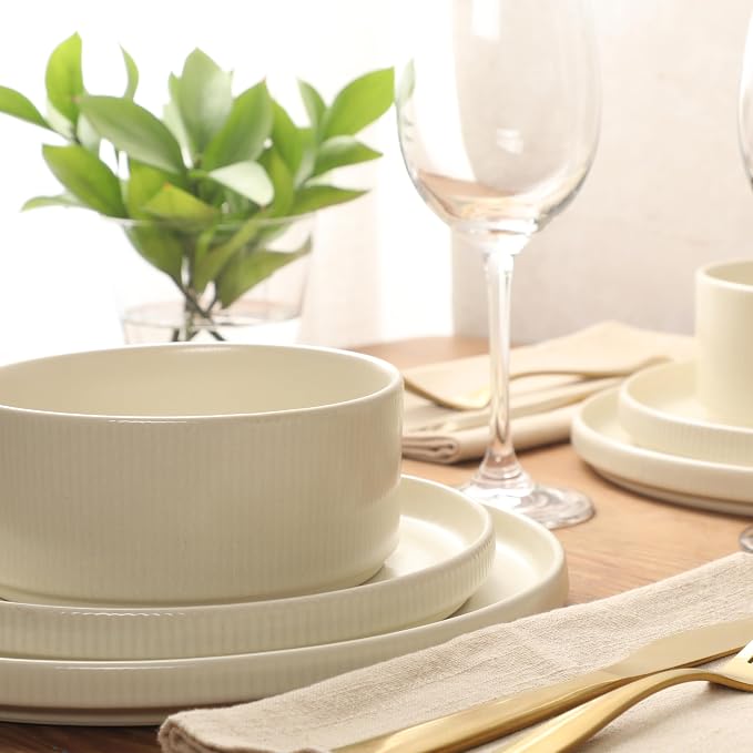Gibson Elite Avant-Garde 12 Piece Stoneware Dinnerware Set for 4, Linen White Plates and Bowls Set with Reactive Glaze, Includes Dinner Plates, Salad Plates and Bowls