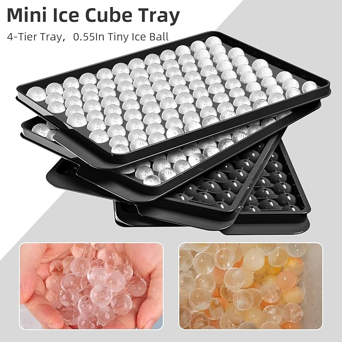 WIBIMEN Mini Ice Cube Trays, 0.55” Tiny Pebble Ice for Iced Coffee & Cocktails, Fast Chill, Easy Twist Release, Stackable with Lid & Storage Bin (4 Pack, Black)