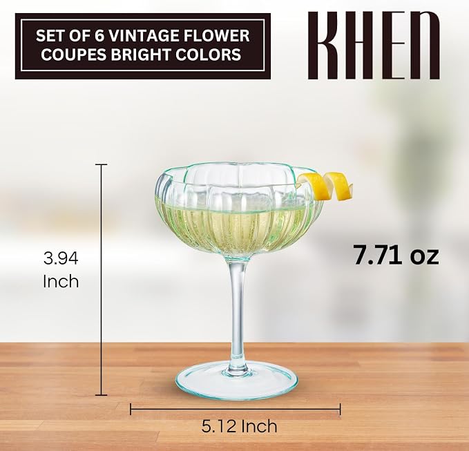 Khen Flower Vintage Wavy Glass Coupes Martini, Champagne & Cocktail Coupes - Set of 6-7oz Colorful Cocktail Glasses & Champagne, Prosecco, Mimosa Glassware Copyright Design - Bright Colors