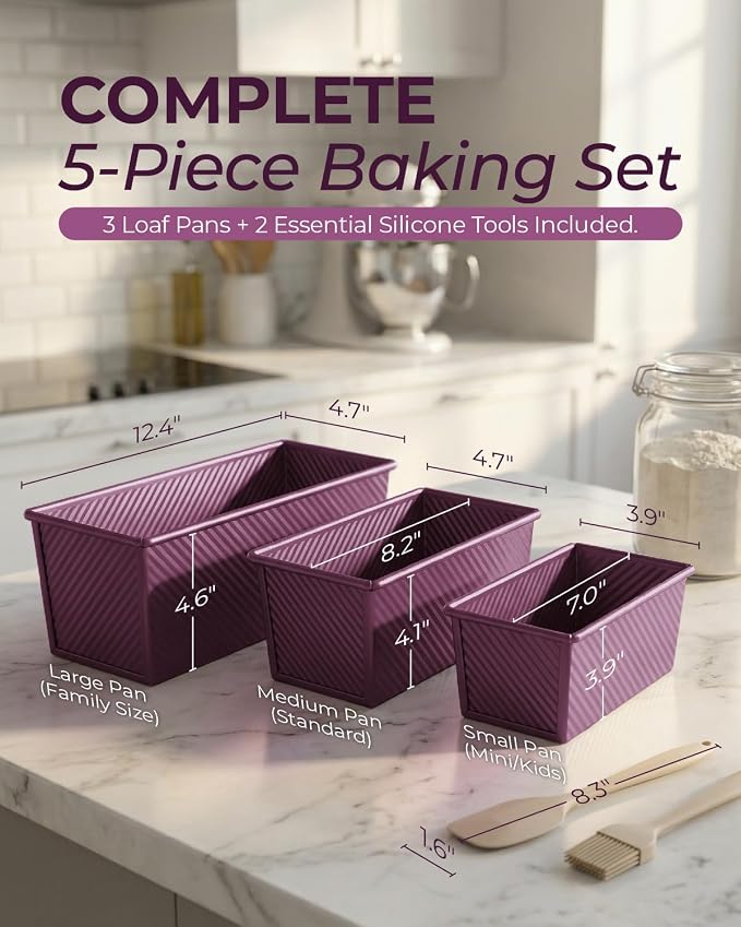 CARTMAN 3-Piece Pullman Loaf Pan with Lid Set – Non-Stick Carbon Steel Bread Pan with Bottom Vents – Includes Large (12"), Medium (8") & Mini (7") Sizes plus Silicone Tools – Plum Purple