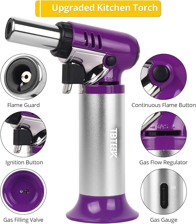 TBTeek Butane Torch with Fuel Gauge T907, One-hand Operation Kitchen Torch Lighter with Adjustable Flame for BBQ, Baking, Brulee Creme, Crafts and Soldering(Butane Gas Not Included), Purple