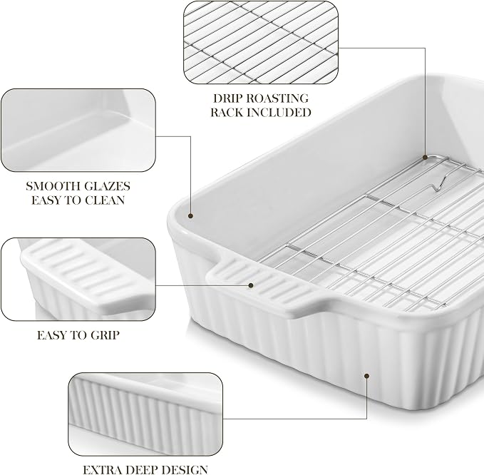 MALACASA 4.4 QT Baking Dish with Rack, 9x13 Large Casserole Dish for Oven, Ceramic Baking Pan with Rack, Rectangular Lasagna Pan Deep with Handles for Baking, Durable Microwave Oven Safe, White