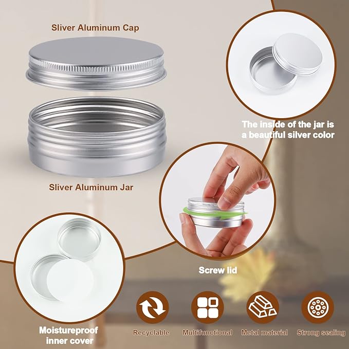 OBKJJ 96 Pack Round Cans with Screw Lid 2 Oz Aluminum Metal Tins DIY Food Candle Containers for Lotion Bars, Balms, Salve, Spices, Beard Balm, Crafts with 4 Markers 3 Sheets Label Stickers (Silver)