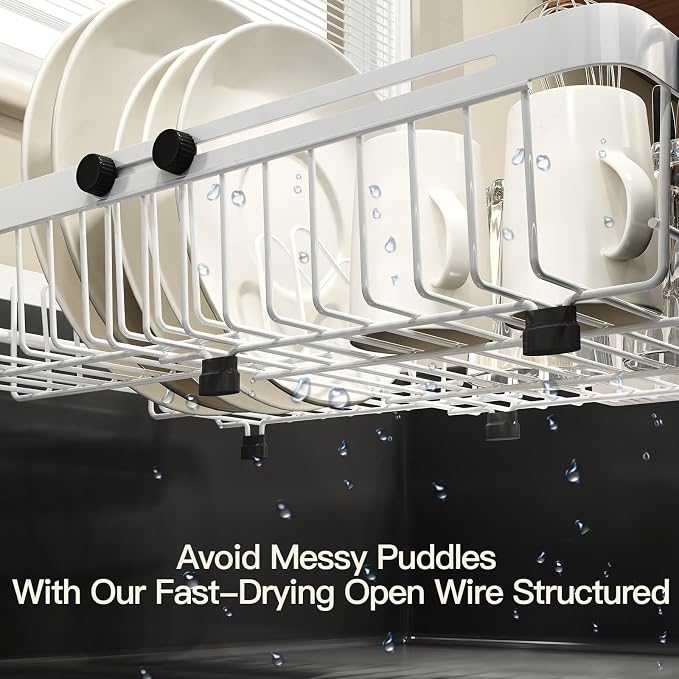 MAJALiS White Dish Drying Rack Over The Sink with Utensil Holder | Expandable Stainless Steel Dish Drainer for Small Kitchen, Apartment, RV, Counter Space Saving, Perfect Fit, Rustproof
