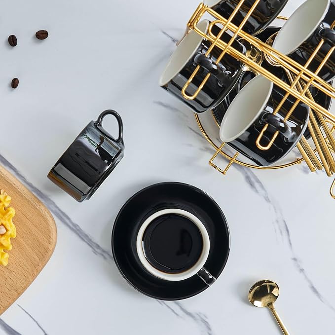 YOLIFE Espresso Cups with Saucers Set and Gold Metal Stand, 2.5oz Expresso Shots Cup with Stand & Saucers, Ceramic Coffee Espresso Cups Set of 6, Black
