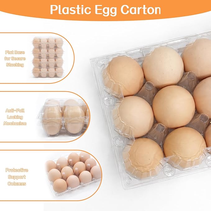 WIKDAY Egg Cartons Cheap Bulk 100 Pack 12 Count Plastic Clear Dozen Reusable Empty Egg Containers for Chicken Eggs Storage with Date Tracking Stickers