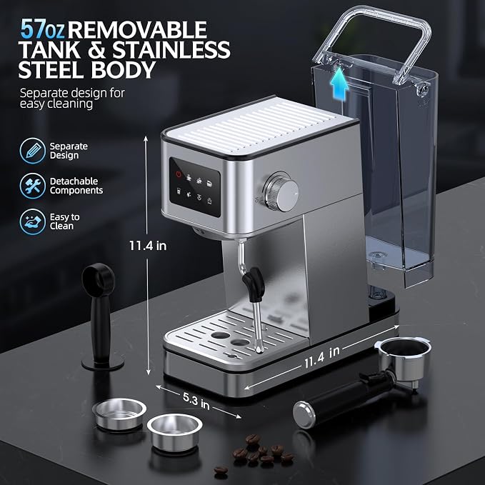 20 Bar Pump Espresso Machine with LED Touchscreen & Steam Wand | Small, Stainless Steel, 45s Quick Heat, Custom Brew Time, 57.5oz Removable Tank, Latte & Cappuccino Machine for Home, Silver