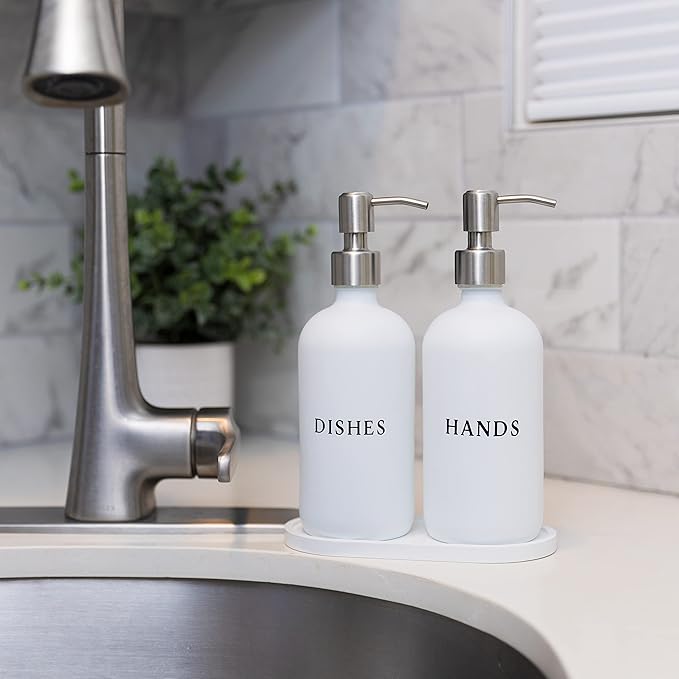 Glass Hand and Dish Soap Dispenser Set with Bamboo Tray – 16 oz Kitchen Soap Dispenser Set, Stainless Steel Pumps, Silicone Funnel – Modern Farmhouse Kitchen Sink Decor and Accessories
