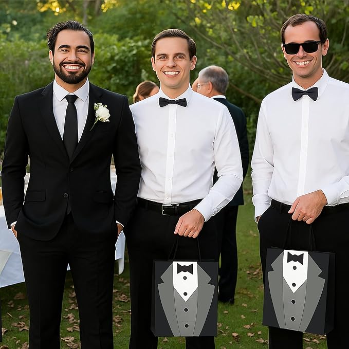 Set 4 Groomsmen Proposal Gifts - Groomsmen Gift Box with Leather Bag，Tuxedo Flask, Funnel，Shot Glasse，Poker Card Bottle Openers, Sunglasses, Pen，Bracelet, Card & Gift Bags for Wedding Party （Brown）