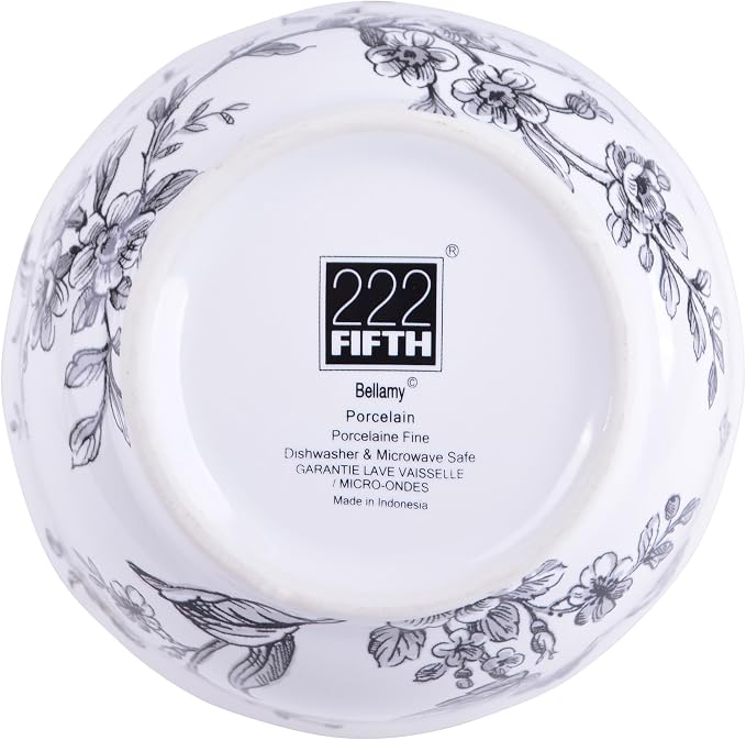 222 Fifth 12-Piece Porcelain Dinnerware Set for 4, White & Black Plates and Bowls Set, Glossy Ceramic Dish Set with Delicate Floral Design, Elegant Kitchen Dishes, Microwave & Dishwasher Safe, Bellamy