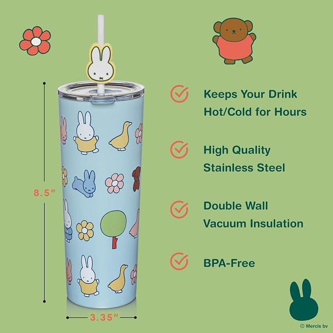 Dragon Glassware | Miffy Stainless Steel Tumbler with Straw, 24 oz - Blue | Vacuum Insulated Stainless Steel Tumbler with Straw & Lid; Double Walled Tumbler with Straw Charm; Miffy Cup with Lid