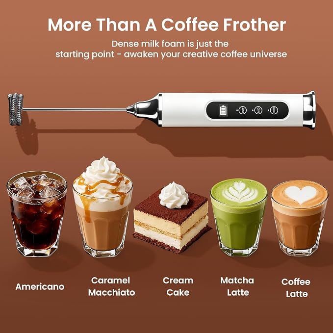 YUSWKO Milk Frother Wand for Coffee, White Handheld Coffee Frother, Rechargeable Drink Mixer, Waterproof Electric Whisk