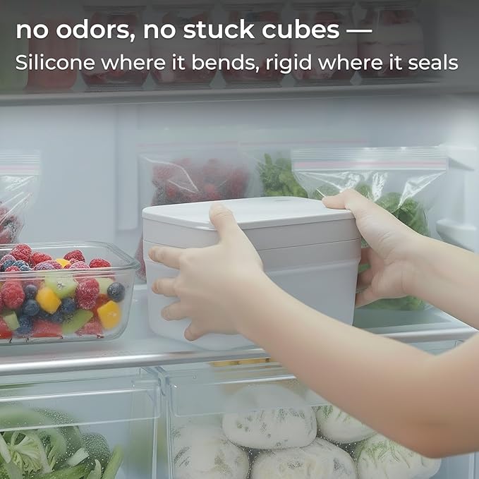 Ice Cube Tray Set with Lid & Bin, 2 Silicone Trays (32-Cube Each, 64 Total), Easy-Release, Stackable, Leak-Proof, Dishwasher Safe, Sand Beige