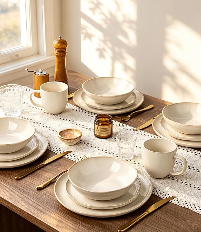 GBHOME Stoneware Dinnerware Sets for 8, 24 Pieces Rustic Earthenware Plates and Bowls Set, Handmade Reactive Glaze Ceramic Plate Sets, Chip Resistant Dishes, Microwave & Dishwasher Safe, Vanilla Cream
