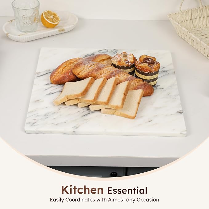 Diflart Marble Cutting Board for Kitchen Ink White 16x16 Inch Non-Slip Feet | Natural Stone Slab Pastry Board for Baking, Cheese, Service, Charcuterie, Dough, Chocolate, Pack of 1 Piece