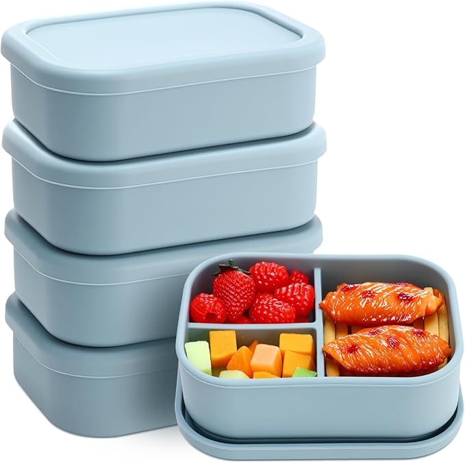 Honeydak 4 Pcs Silicone Bento Box for Adults, 3 Compartment Lunchable Food Container for Women Men, Leak Proof Microwave Dishwasher Freezer Safe (Blue)