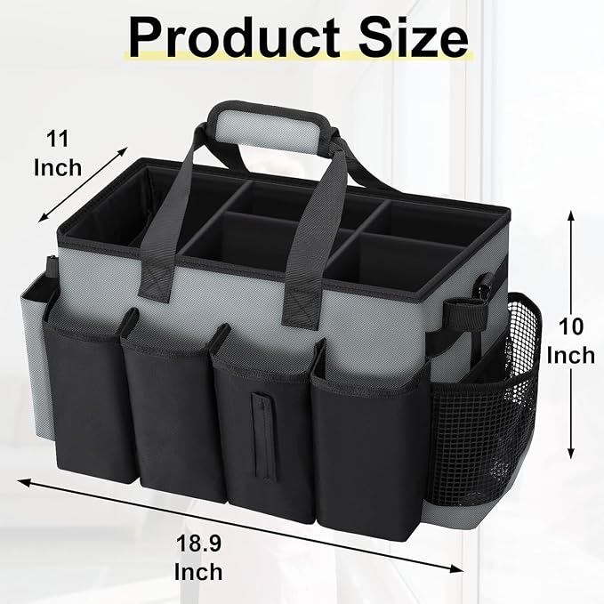 Wearable Large Cleaning Caddy Bag for Housekeeper, Clean Supply Organizer with Adjustable Shoulder, Waist & Handle Straps, Detailing Bag for Kitchen Supplies (Black&Gray)