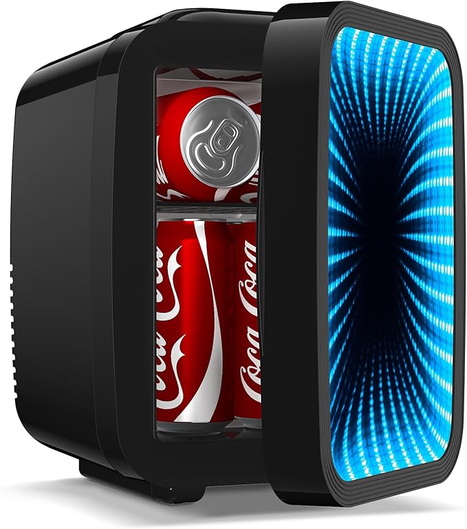 BEICHEN Mini Fridge, 4L/6 Can Small fridge with Dimmable Gaming Light for Bedroom,Office,Gaming room and Car,AC/DC Portable Thermoelectric Cooler & Warmer for Food, Drinks, Skincare,Black