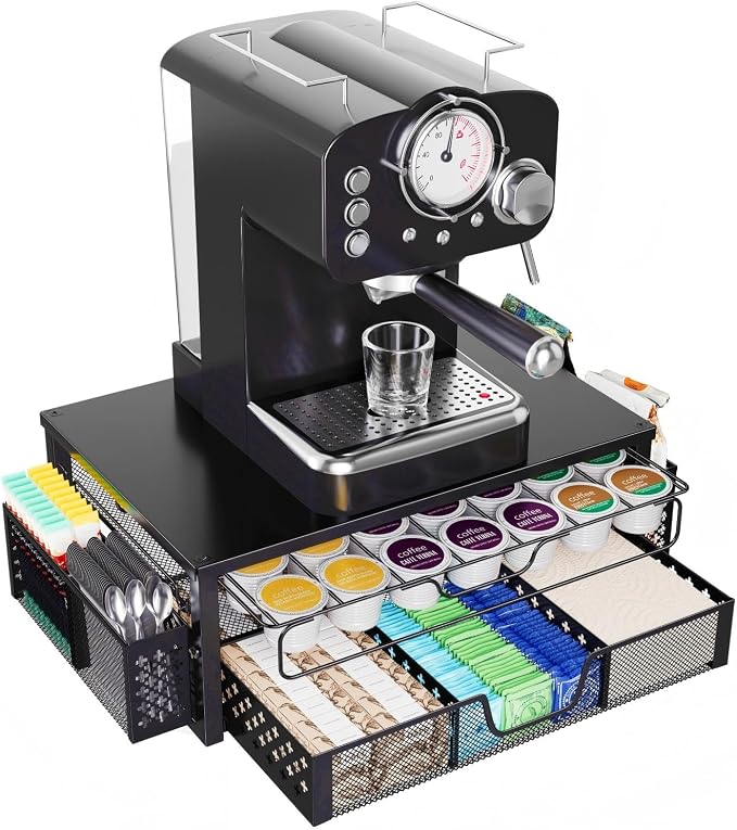 Ekisemio 2-Tier K Cup Organizer with Sliding Drawer & Side Baskets, Black | 63 K-Cups or 83 Capsules| Sliding Drawers | Side Baskets | Sturdy Metal Frame | Tool-Free Assembly | Space Saving | Black