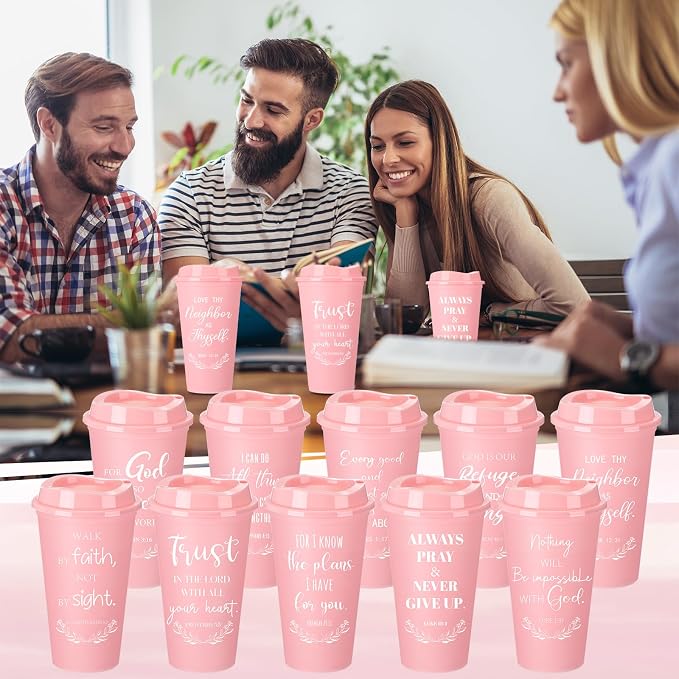 Skylety 40 Pack Bulk Christian Gifts for Men Women 16oz Reusable Bible Verse Tumbler Plastic Coffee Cup with Lid Inspirational Religious Church Gift for Teacher Graduation Party Favor (Pink)