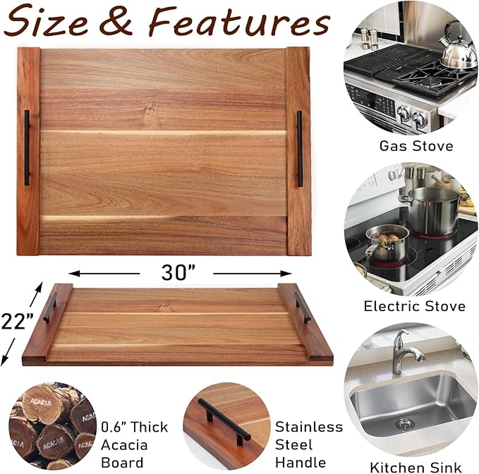 30"x22" Noodle Board Stove Cover for Electric & Gas Stoves, Acacia Wood Ranges Stovetop Cover for Extra Counter Space, Also Sink Cover & Serving Tray (Brown)