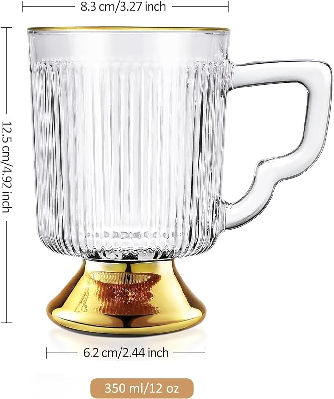 Joeyan Glass Coffee Mugs with Handle,Vintage Ribbed Clear Coffee Cups,Tea latte Cappuccino Espresso Milk Cups,Gold Rimmed Drinking Glasses,12 oz,Set of 2