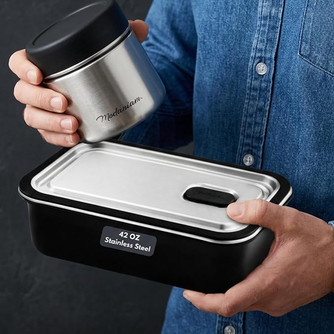 Modaniam Stainless Steel Bento Box Adult, 42 OZ, Stainless Steel Lunch Box Containers, Metal Lunch Box, Leak proof Lunch Containers,Black