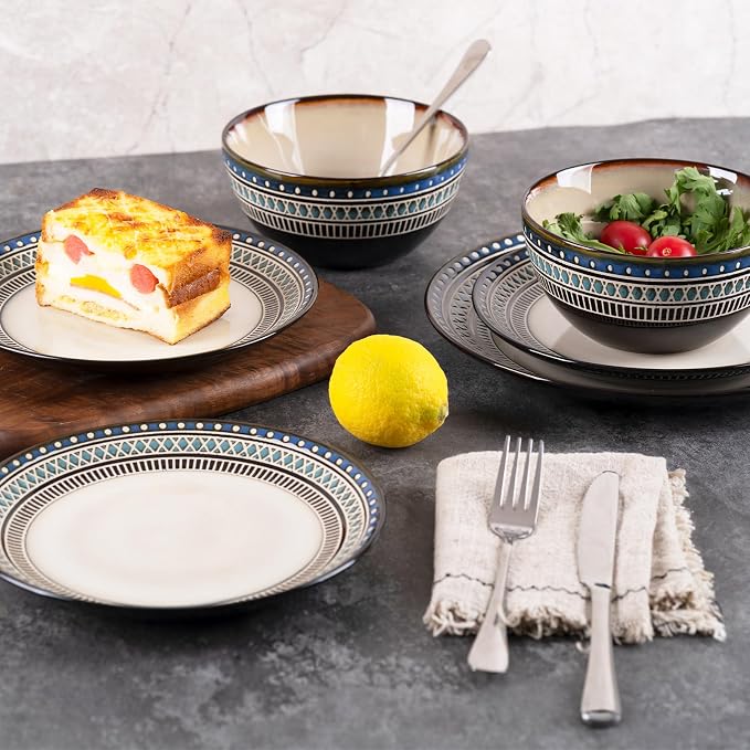 12 Piece Dinnerware Set for 4, Vintage Blue White Handmade Stoneware Plates and Bowls, Hand-Carved Relief with Geometric Pattern, Dishwasher Microwave Oven Safe, Scratch Resistant Dish Set