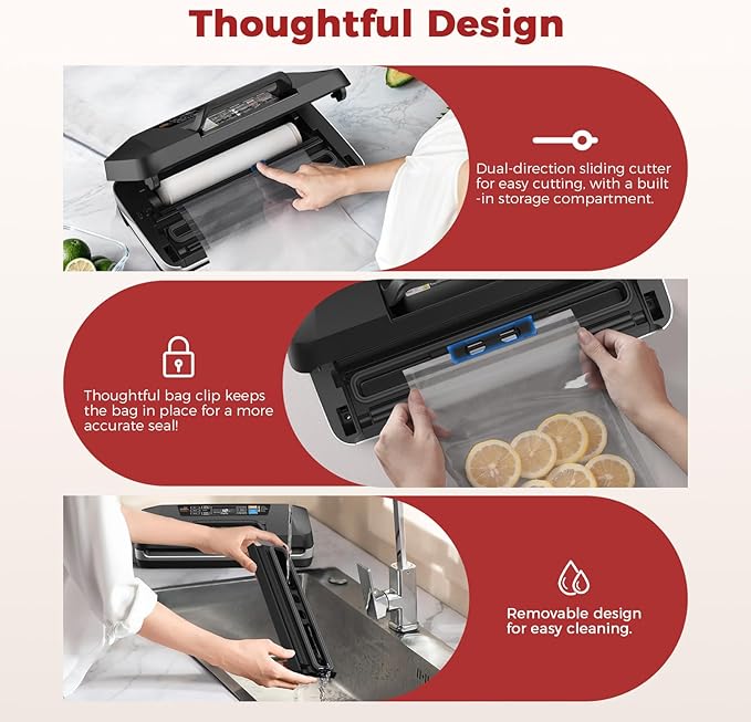 Vacuum Sealer Machine with 95KPa Suction – Full Automatic Commercial Grade Sealer for Wet/Dry Food, Built-in Cutter, Complete Kit with 1 Roll & 10 Bags – 230W Double Seal Strip