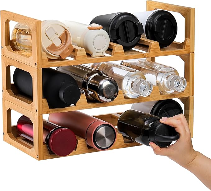 Pumtus 3 Tier Bamboo Water Bottle Organizer, Stackable Bottle Storage Rack, Tumbler Shelf Organizer, Wine Bottle Holder, Drinking Cup Display Rack for Cabinet Kitchen Cupboard, Hold 12 Bottles